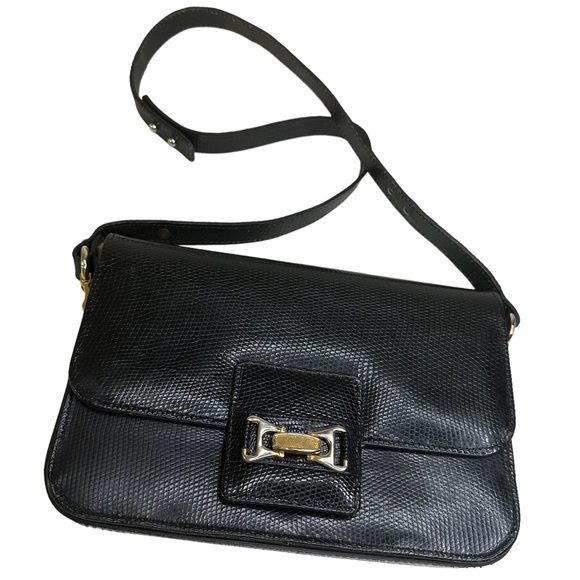 Vintage Saks Fifth Avenue Black Embossed Lizard Adjustable Strap Handbag Purse - Picture 1 of 7